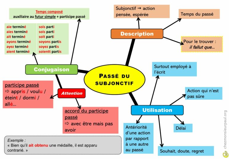 Carte mentale illustrant l’usage du passé du subjonctif en français avec des exemples de verbes.