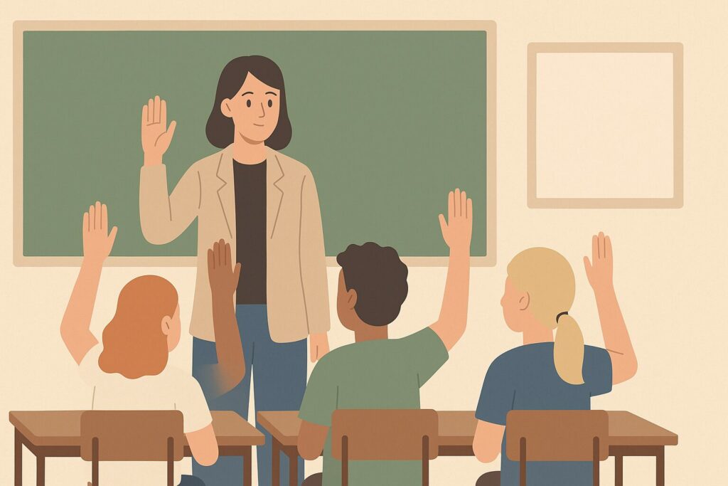 Une professeure lève la main, imitée par ses élèves, afin d'obtenir le silence.