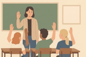 Une professeure lève la main, imitée par ses élèves, afin d'obtenir le silence.