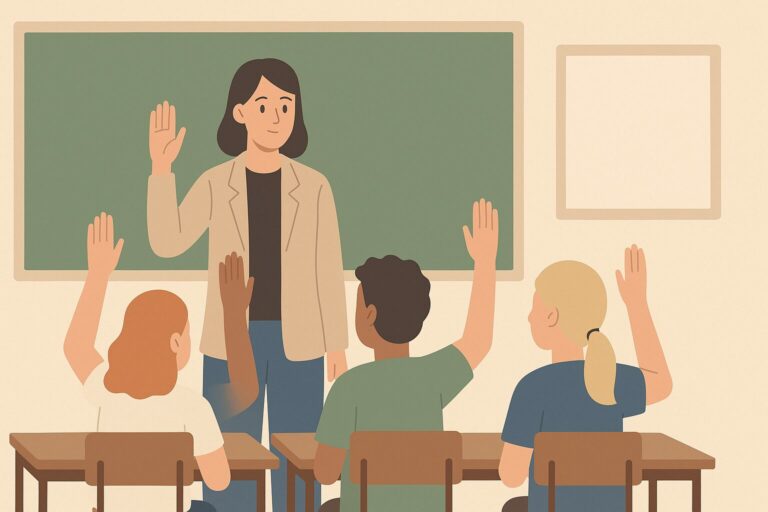 Une professeure lève la main, imitée par ses élèves, afin d'obtenir le silence.