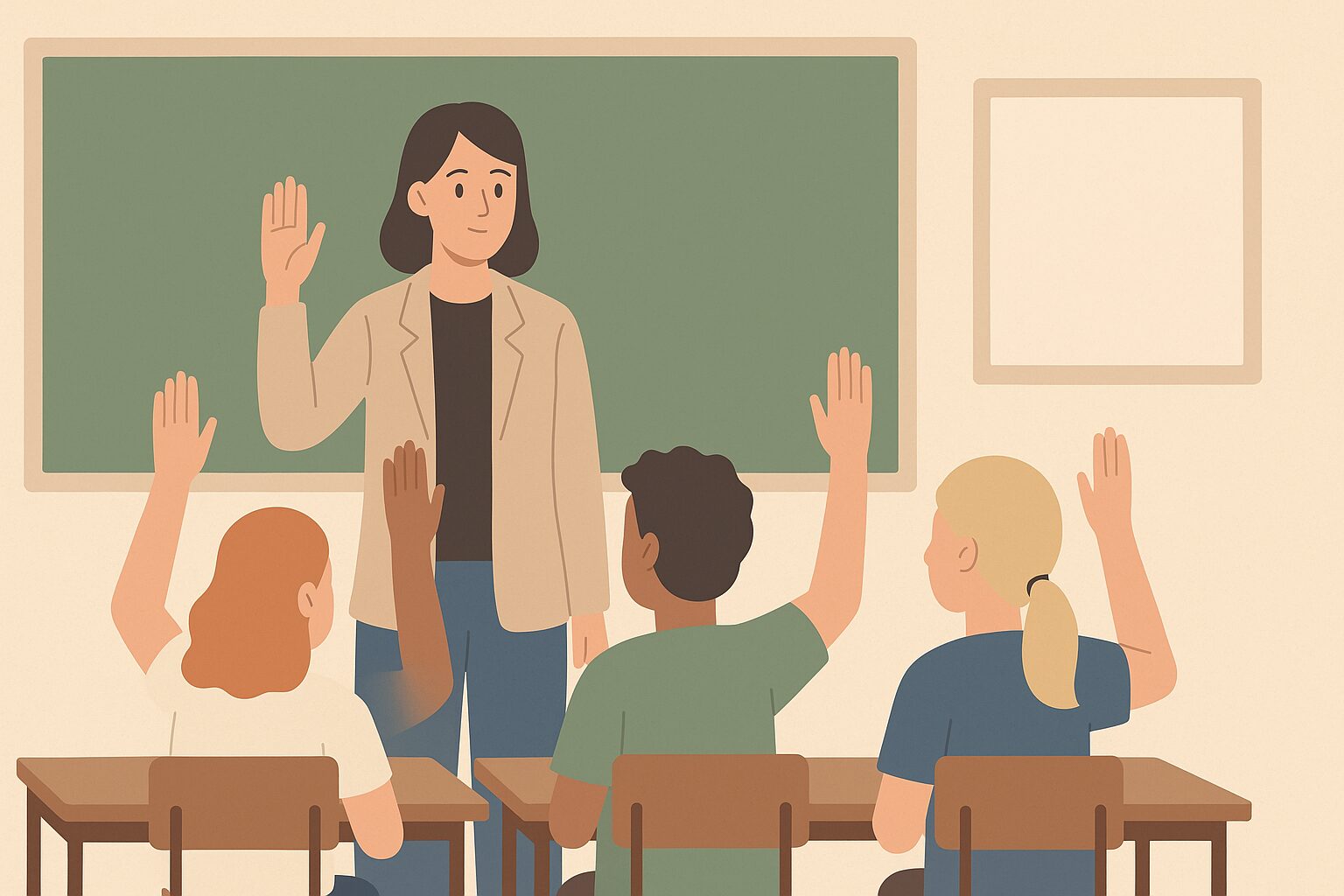 Une professeure lève la main, imitée par ses élèves, afin d'obtenir le silence.