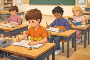 Élèves de cycle 3 au travail en classe, portant des ceintures de couleurs différentes (blanche, jaune, orange, bleue) symbolisant leur niveau de compétence.