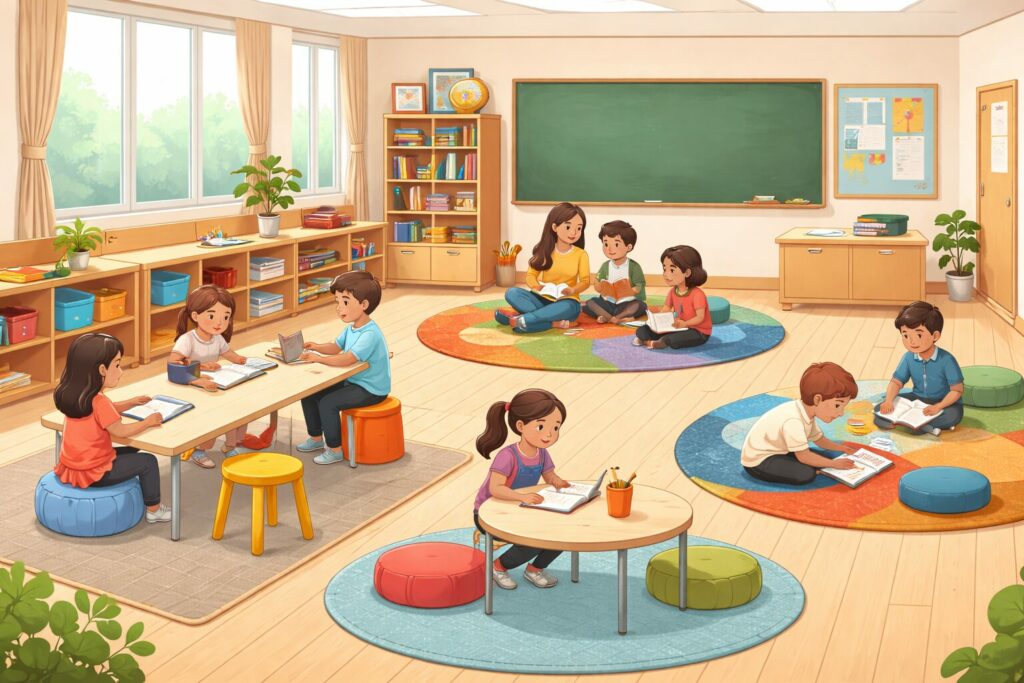 Illustration d’une classe flexible en école élémentaire avec différents espaces de travail et assises variées.