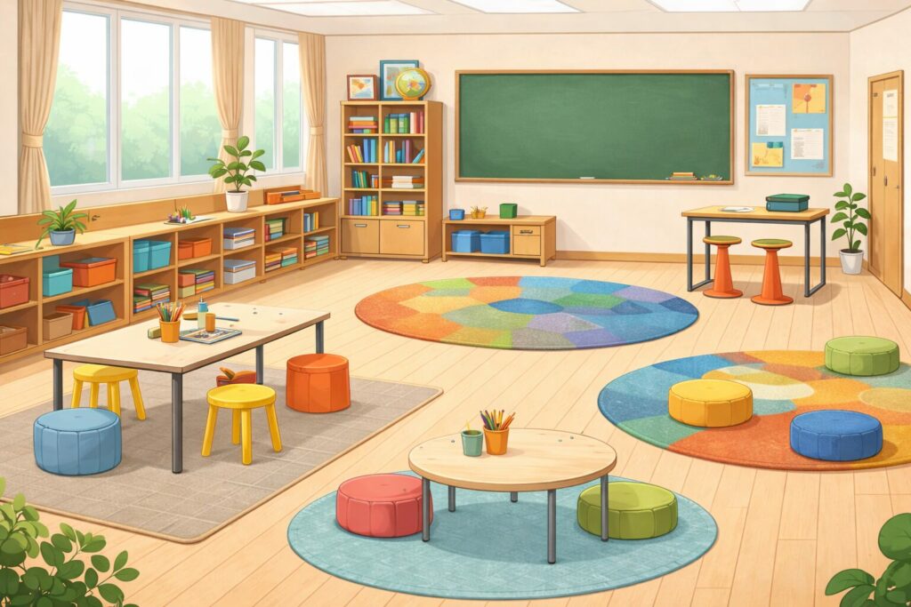 Illustration d’une classe flexible sans élèves mettant en valeur le mobilier varié et l’organisation des espaces.