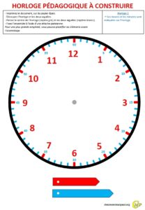 Horloge pĂ©dagogique Ă construire 2 Horloge pĂ©dagogique Ă construire avec heures et minutes indiquĂ©es sur le cadran, aiguilles non lĂ©gendĂ©es, modĂšle intermĂ©diaire pour apprendre Ă lire lâheure.