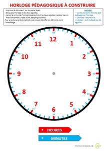 Horloge pĂ©dagogique Ă construire 1 Horloge pĂ©dagogique Ă construire avec heures en rouge et minutes en bleu, cadran graduĂ© toutes les 5 minutes et aiguilles identifiĂ©es pour lâapprentissage de la lecture de lâheure.