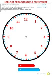 Horloge pédagogique à construire 3 Horloge pédagogique à construire avec seules les heures indiquées sur le cadran, modÚle épuré pour travailler la lecture précise des minutes.