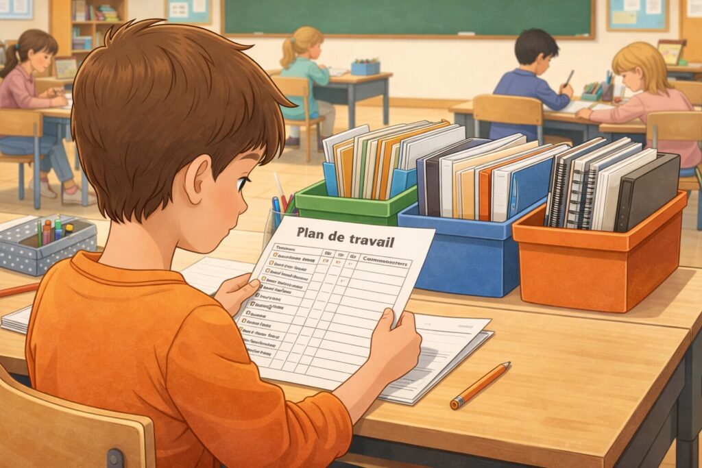 Élève de cycle 3 lisant son plan de travail à son bureau, avec boîtes de fiches et classeurs à proximité et autres élèves au travail en arrière-plan.