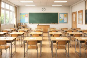 Tables 1 Classe d’école élémentaire avec 20 tables disposées en rangées frontales face au tableau vert.