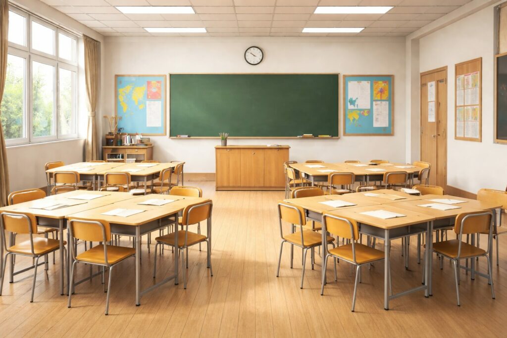 Classe d’école élémentaire avec tables disposées en îlots de quatre élèves face au tableau.
