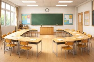 Tables 3 Classe d’école élémentaire avec tables disposées en fer à cheval face au tableau.