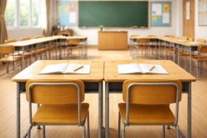 Tables 4 Zoom sur une table double en binôme dans une classe organisée en fer à cheval.