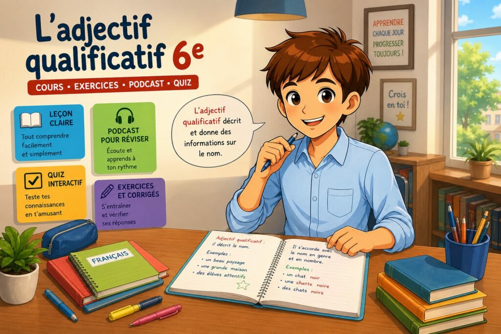 Adjectif qualificatif 6e : illustration pédagogique avec un élève expliquant la notion, leçon, exercices, podcast et quiz interactif.