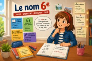 Le nom en 6e : illustration pédagogique avec une élève expliquant les noms communs et les noms propres, avec exemples et repères de grammaire.