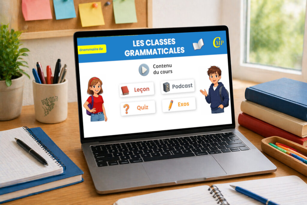 Ordinateur affichant une capsule interactive sur les classes grammaticales avec leçon, podcast, quiz et exercices