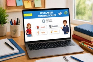 Ordinateur affichant une capsule interactive sur les classes grammaticales avec leçon, podcast, quiz et exercices