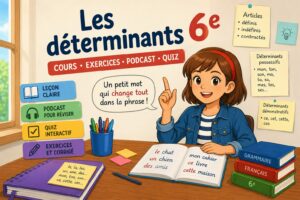 Les déterminants en 6e : illustration pédagogique avec une élève expliquant les articles et les différents types de déterminants (définis, indéfinis, possessifs, démonstratifs).