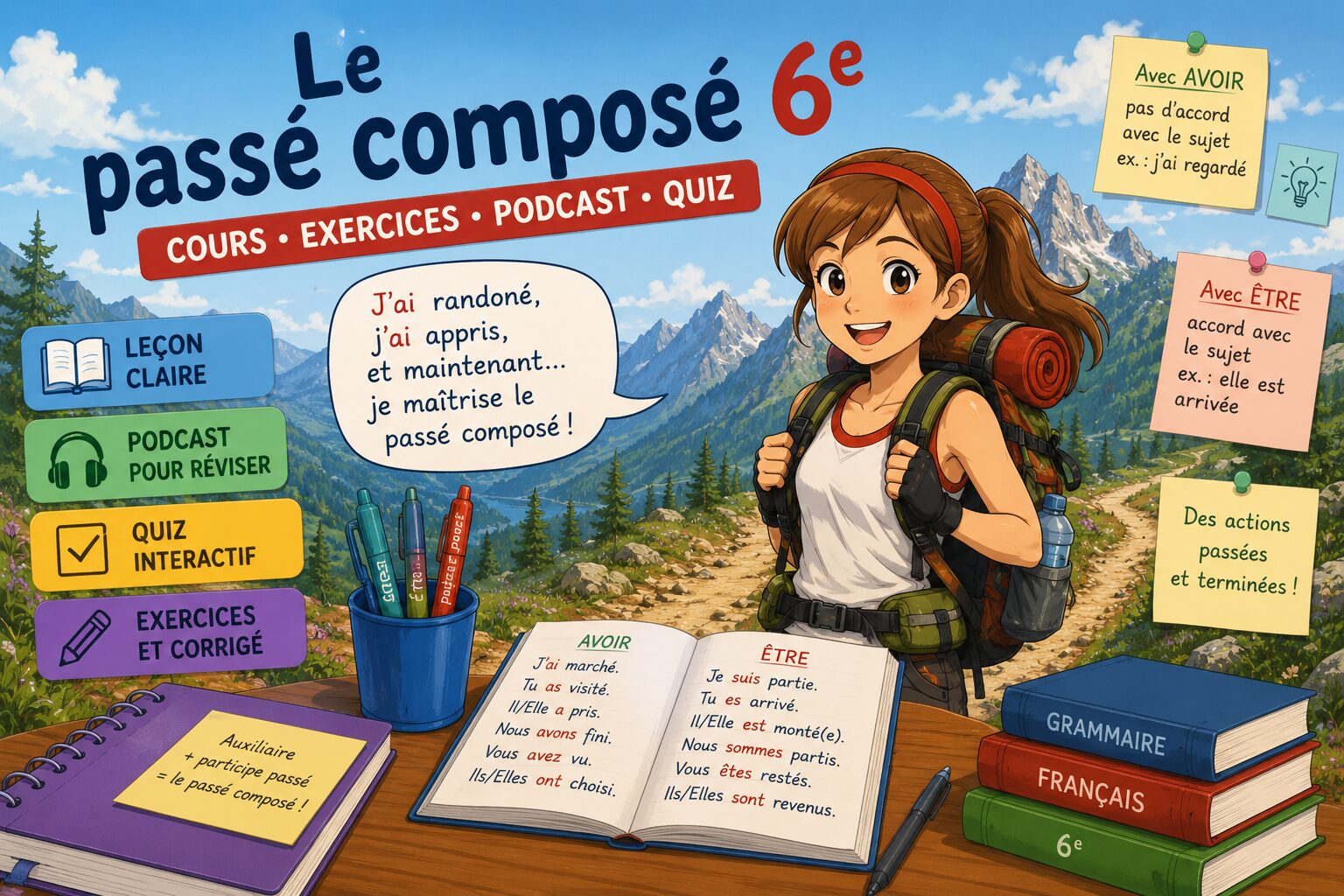 Illustration pédagogique sur le passé composé en 6e avec Emma en randonnée à la montagne, présentant une leçon, des exercices, un podcast et un quiz interactif.