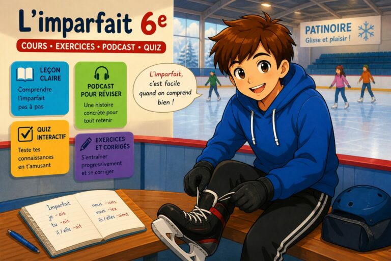 Imparfait 6e : illustration pédagogique avec un élève à la patinoire présentant une leçon, des exercices, un podcast et un quiz sur l’imparfait.