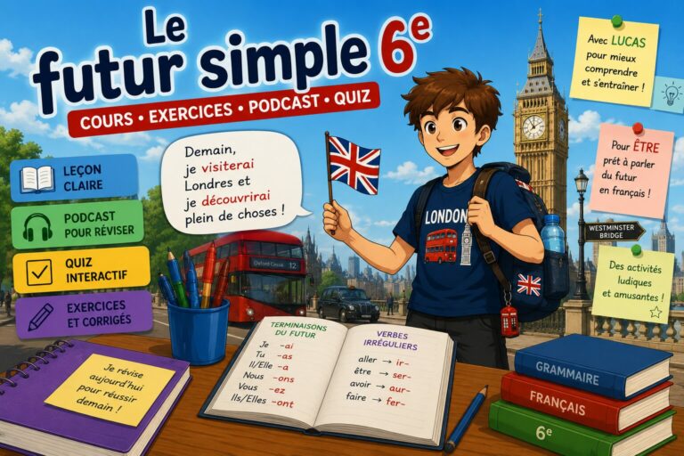 Illustration pédagogique sur le futur simple en 6e avec Lucas en voyage à Londres, présentant une leçon, des exercices, un podcast et un quiz interactif.